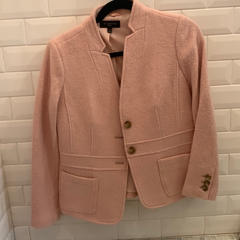 Talbots petite boiled wool blazer, size 4P. Color light pink/rose gold.